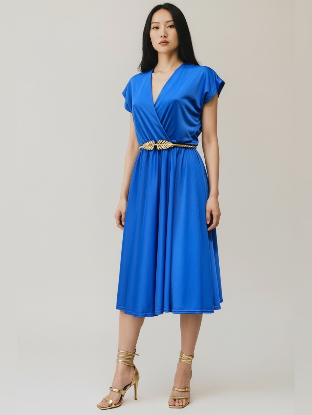 70s Silky COBALT Blue Deep V DISCO Party Dress / S M